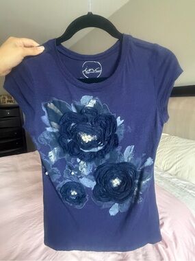 INC International Concepts Women Petite Navy Blue Floral 3D Ruffle Graphic Tee